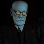 Illustration of Freud wearing glasses with Hebrew in the reflection