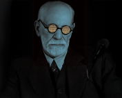 Illustration of Freud wearing glasses with Hebrew in the reflection