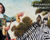 Oil painting showing Spinoza pointing forwards and riding a zebra