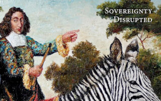 Oil painting showing Spinoza pointing forwards and riding a zebra