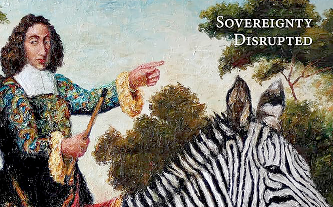 Oil painting showing Spinoza pointing forwards and riding a zebra