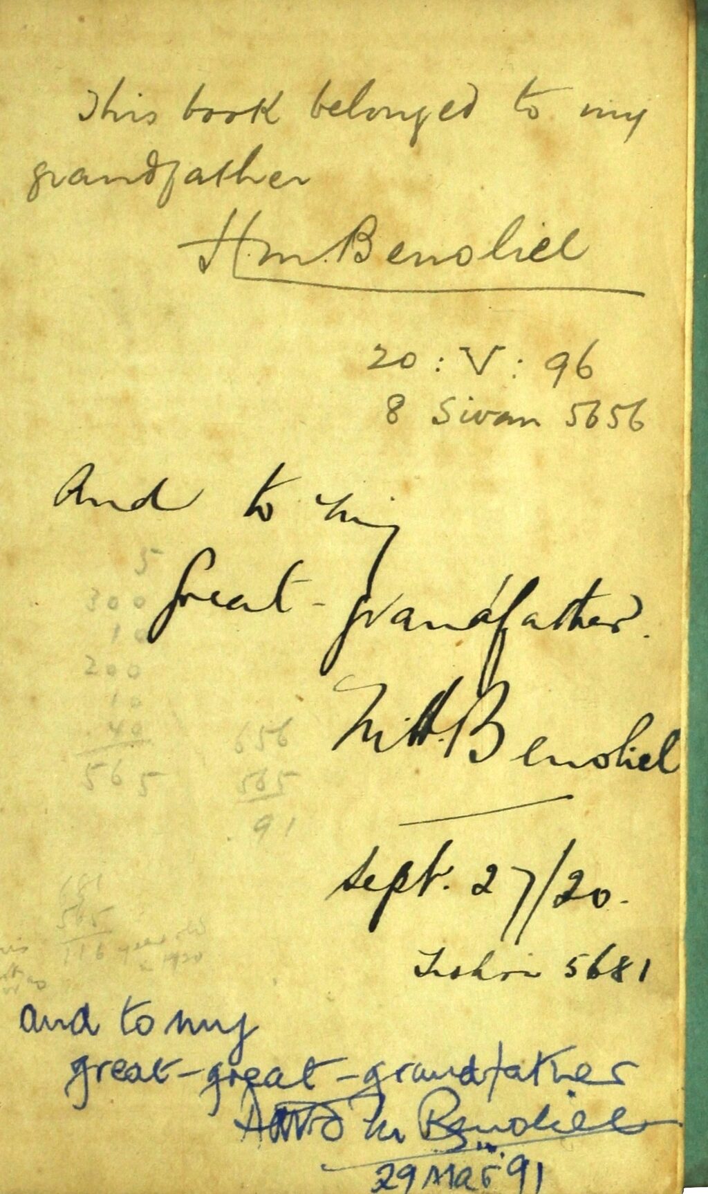 Page inscribed with handwritten notes: "This book belonged to my grandfather H. M. Benoliel, and to my great grandfather M. H. Benoliel, and to my great-great grandfather A.M. Benoliel"