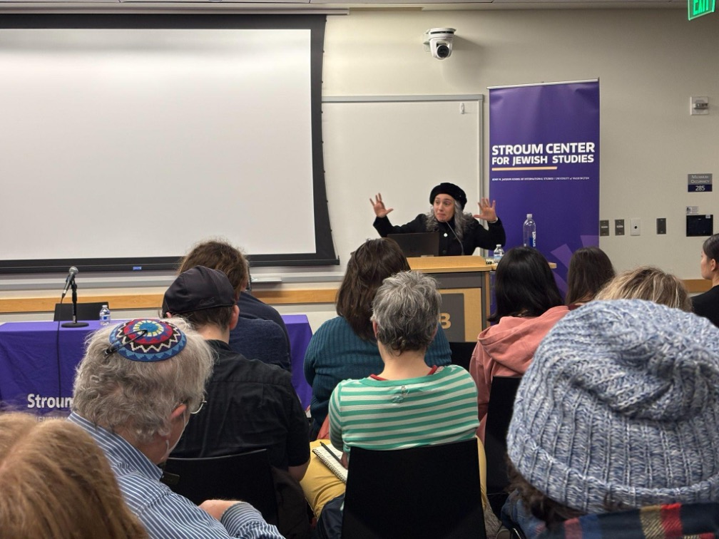 Miriam Udel speaks at the Jan. 28 lecture “Umbrella Sky – Modern Jewish Worldmaking Through Yiddish Children’s Literature.” Photo by Madison Morgan
