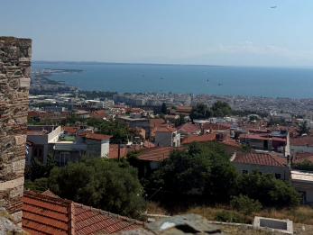 View from a hillside over rooftops, trees, and a dense city leading to a calm sea with small boats in the distance.