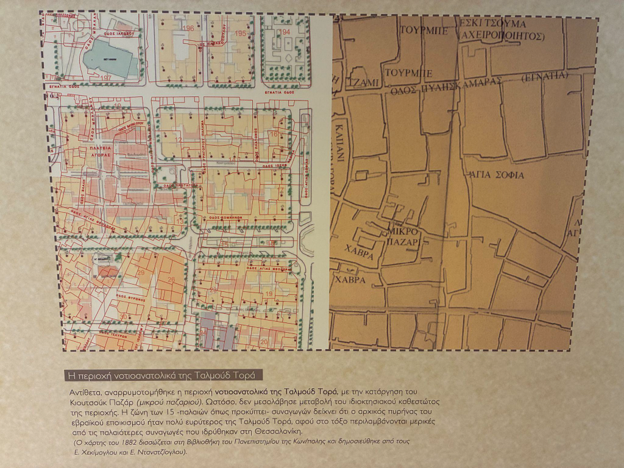 An informational museum panel presents detailed neighborhood maps with Greek annotations and a short explanatory text section below.
